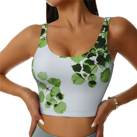 Jgfou Watercolor Green Leaves Print Womens Sports Bra - Padded Workout Sports Bras Crop Tank Top