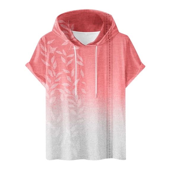 WXLWZYWL Men's Plus Size Hoodie Short Sleeve Drawstring Gradient Leaves Printing Muscle Fit Sweatshirt Top Athletic Hooded T-Shirts Watermelon Red XL