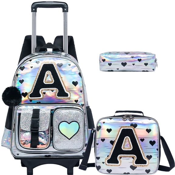 Kids Rolling Backpack with Wheels for Girls Cute Roller Backpacks for School Wheeled Bookbag with Lunch Box Pencil Case for Pupil Ages 6-12