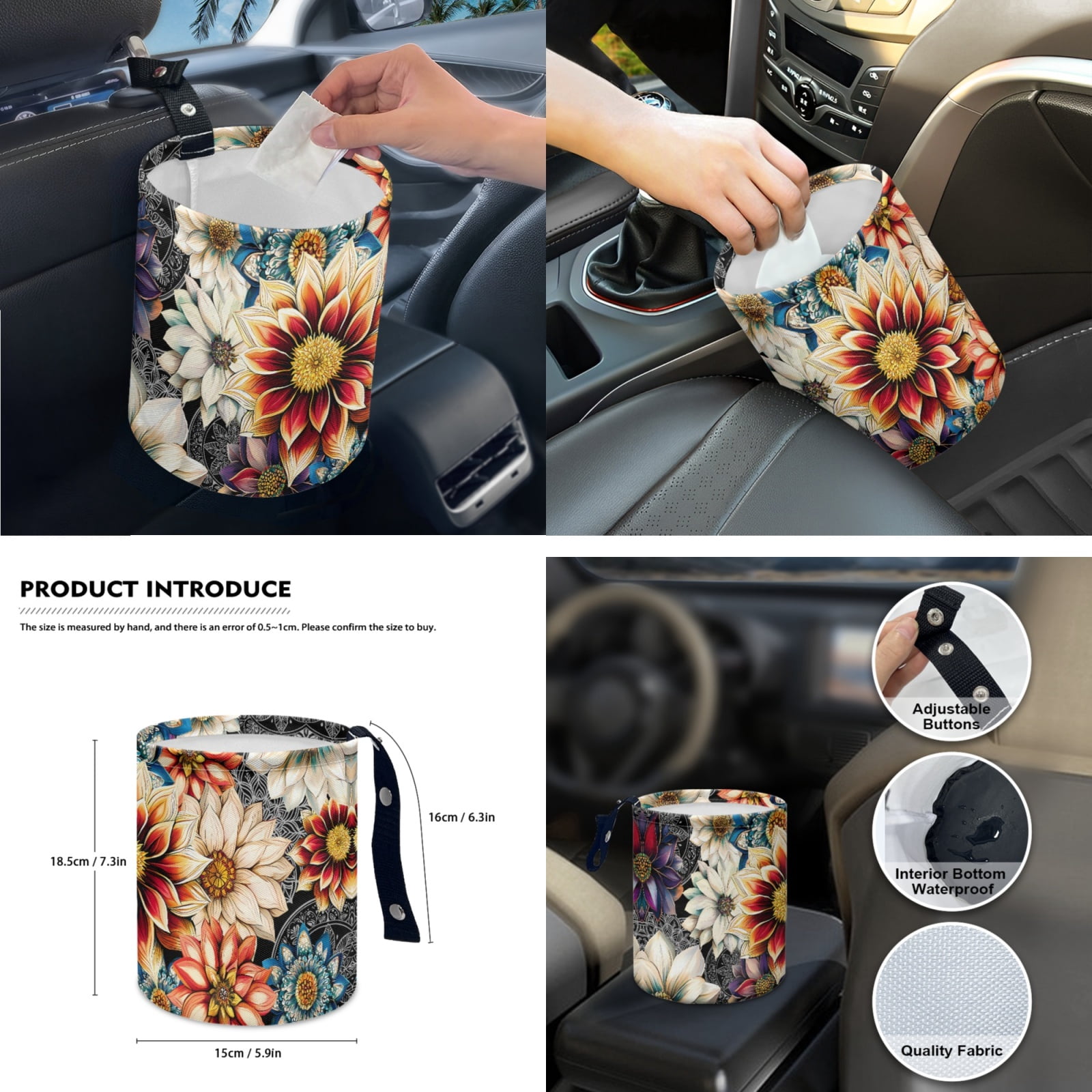 Yuyamidu Colorful Dahlia Car Seat Covers with Auto Streering Wheel Cover Center Console Pad Cover Seat Belt Cover Shift Knob Cover Handbrake Cover Coasters for Most Van SUV Sedan Auto Accessories