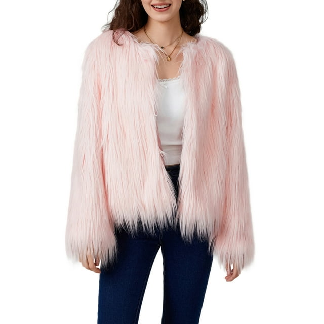 FOCUSNORM Women Faux Fur Coat Solid Color Open Front Long Sleeve Plus Size Jacket Warm Winter Outwear