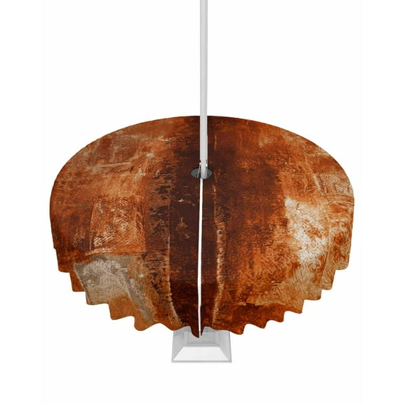 Lsrtoss Outdoor Tablecloth with Umbrella Hole & Zipper, Burnt Orange Round Tablecloth 54 Inch, Retro Oil Painting Modern Abstract Art Aesthetics Patio Table Cover Waterproof Table Cloth for Picnic