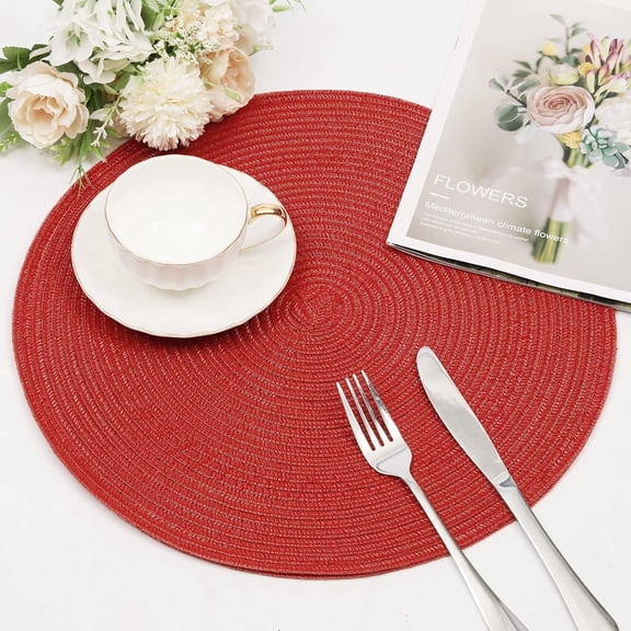 Washable 15 inch Round Table Mats Non Slip Woven Place Mats for Christmas Holiday Dining Table Decor (Red, 8)