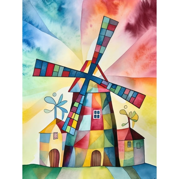 Windmill Modern Folk Art Abstract Bright Large Wall Art Poster Print Thick Paper 18X24 Inch