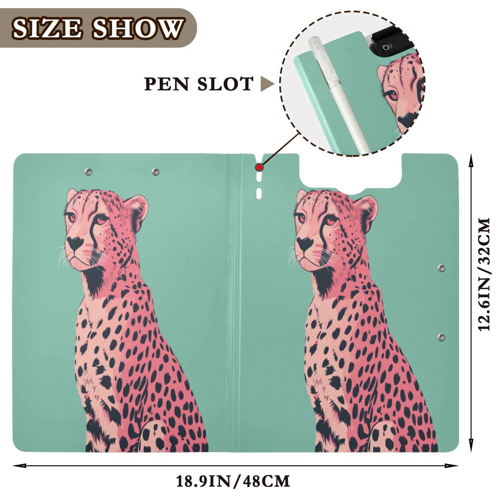 FORMRS A4 Clipboard Folder with Pen Holder Horizontal Foldable School Office Binder, Big Pink Cheetah