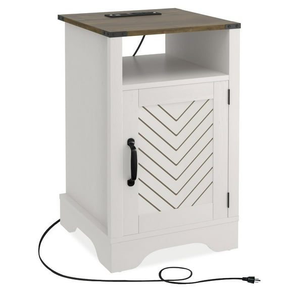 Farmhouse Nightstand Side End Table with Charging Station - White & Rustic
