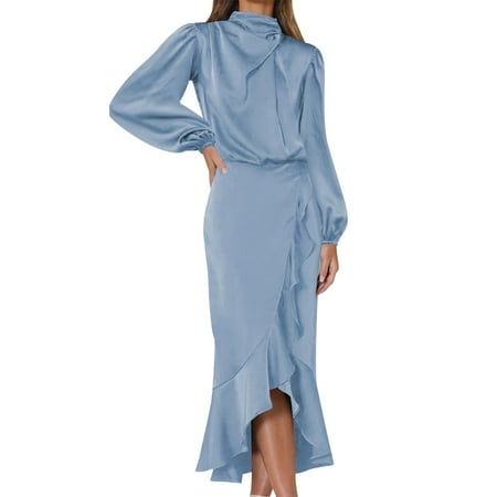 IDOPIP Women s Elegant Long Sleeve Satin Dress Mock Neck Elastic Waist Cocktail Party Maxi Dress