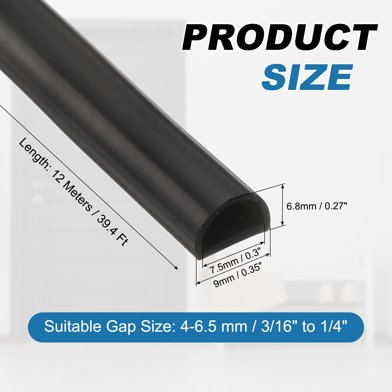 39.4Ft x 3/8" Weather Stripping Door Seal, Silicone Self-Adhesive Door Frame Seal Strip for 3/16"-1/4" Doors Window Frame Gap Filler, Black