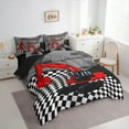 thumbnail image 4 of Manfei Cartoon Red Truck 7 Pieces Bedding Comforter Set for Kids, Construction Vehicle Full Bedding Set, Grey Checkereed Plaid Reversible Fitted Sheet Flat Sheet, Luxury Bedroom Decor, 4 of 8