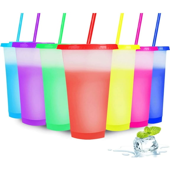 Casewin 7 Pack Kids Cups Tumblers with Lids & Straws - 16 OZ Iced Water Colour Changing Cups for Cold Drinking BPA Free Reusable Plastic Tumbler Set for Party Kid & Adults Smoothie Cup Travel Mugs