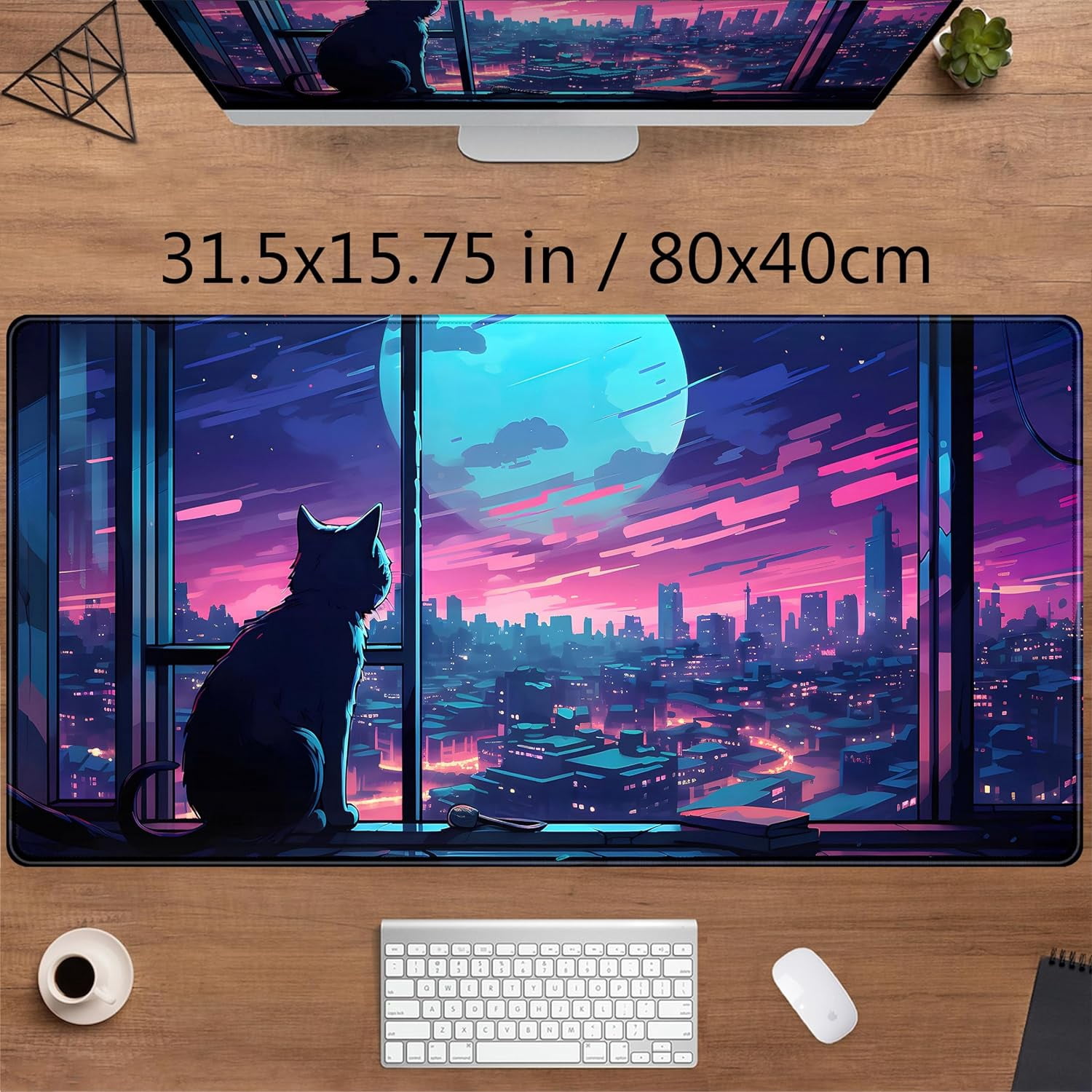 Cool Purple Kawaii Anime Moom Cat Desk Mat XXL Large Gaming Mouse Pad, Cute City Cats Desk Pad for Gamer Girl Women Office Desk Decor Mousepad, Computer Laptop Keyboard and Mouse Mat 31.5x15.75 in