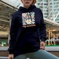 thumbnail image 2 of Hey, Sunshine & Retro Smiling Flowers Art Merch Gift, Navy Blue Hooded Sweatshirt or Hoodie, Large, 2 of 5