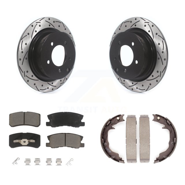 Transit Auto Rear Disc Drilled & Slotted Rotors Ceramic Pads Parking Shoes Kit for Car Jeep Mitsubishi Patriot Chrysler Compass Lancer Dodge 200 Outlander Avenger Sebring Caliber Sport RVR KDC-101390