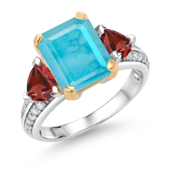 Gem Stone King 925 Sterling Silver and 10k Yellow Gold Green Turquoise and Red Garnet 3 Stone Engagement Ring for Women (3.57 Cttw, Emerald Cut Cut 10X8MM, Size 7)