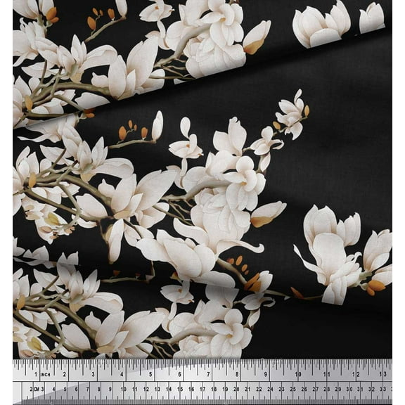 Soimoi Black Cotton Duck Fabric White Floral & Bulbul Bird Print Fabric by Yard 44 Inch Wide