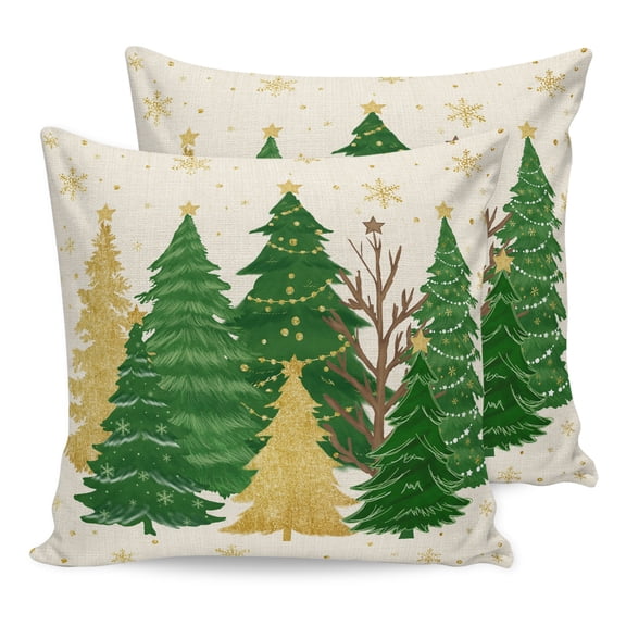 Pillow Covers 20x20 Set of 2, Green Christmas Tree Throw Pillow Covers Decorative Couch Cushion Cover, Golden Xmas Tree Winter Snowflake Rustic Microfiber Soft Pillowcases for Bedroom Living Room
