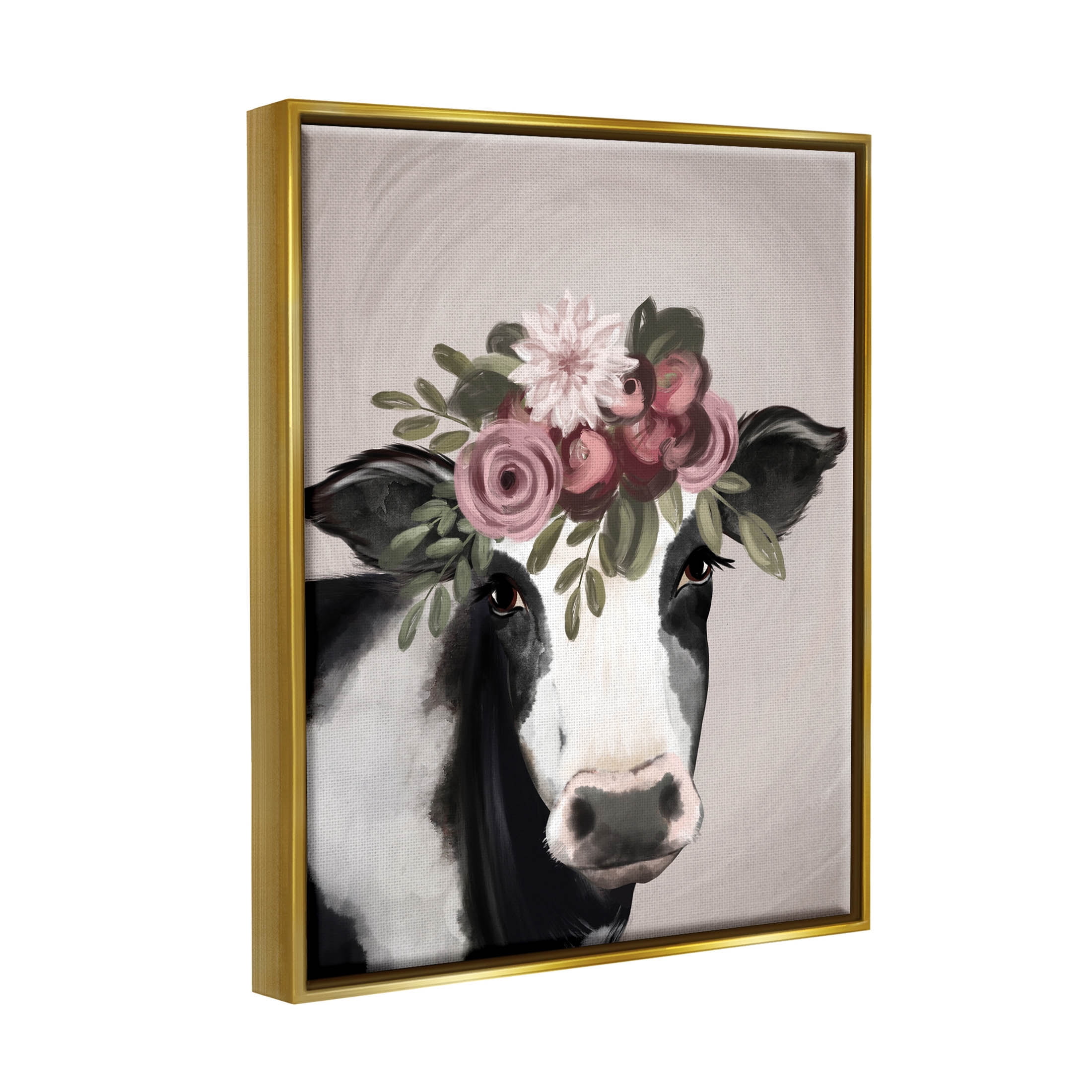Floral Farm Cow Pink Blooms Animals & Insects Graphic Art Metallic Gold Framed Art Print Wall Art