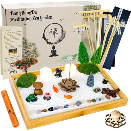 Tabletop Zen Garden Kit Set - Mini Rock Sand Garden Zen Gift Set for Home Office Desk Japanese Decor 7 Zen Tools Mini Rakes 21 Accessories Bamboo Sand Tray Therapy Desktop Meditation Room Gifts