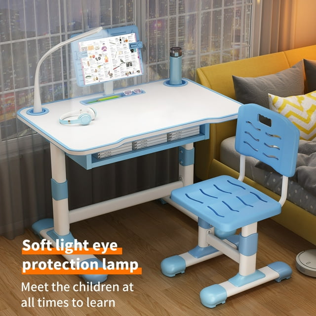 Yedigre Ensemble Bureau et Chaise d'Étude pour Enfants, Table d'Écriture Réglable en Hauteur pour Tout-Petits avec Support de Lecture Inclinable, Table d'Apprentissage pour Salon Chambre avec Grand Tiroir