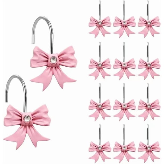 Decorative Shower Curtain Hooks Bow Tie Rust Resistant Hooks Glide Shower Ring Hangs Holder Bling for Bathroom, Pack of 12