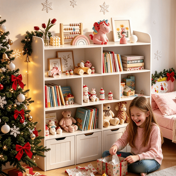48" Toy Storage Cabinet with 4 Movable Drawers 5-Tier Kids Bookcase with 8 Open Shelves Girls Shelf Organizer for Playroom Nursery Kids Room, White