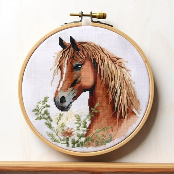 Watercolor Horse Stamped Cross Stitch Kits for Beginners Easy with Hoop 11CT Needlepoint Embroidery DIY Counted Cross Stitch Kits Art Craft Wall Decor 35x35cm(1)
