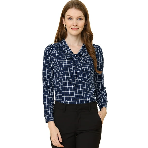 Blusa elegante de la camisa del trabajo de la manga larga del soplo de la tela escocesa del cuello de la pajarita de las mujeres Azul XL