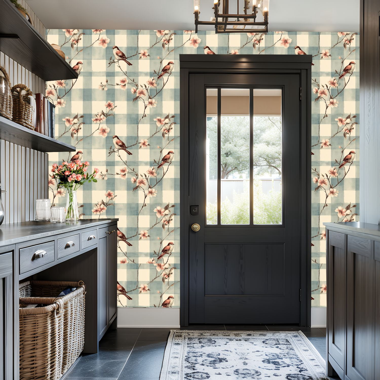 Peel and Stick Wallpaper Vintage Birds Floral Branches Blue White Checkered Wall Mural 17.7in x 9.8ft Self Adhesive Removable Wall Paper Renter Friendly Wallpaper for Nursery Bedroom Cabinets