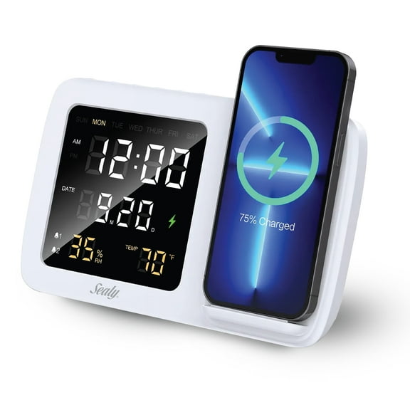 Sealy Digital Alarm Clock & Calendar with Charging Stand & Temperature Display, 15W, White