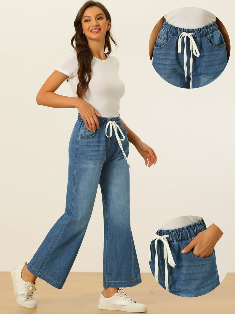 デニム・ジーパン 23 Curved Wide Denim Pants Light Blue Free Shipping! Unique Bargains Women's Baggy Denim Pants