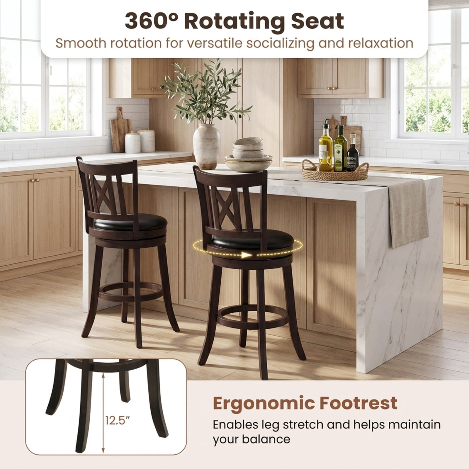 Furnibear Set of 2 Bar Stools Swivel Bar Chairs with Hollowed Backrest and Footrest-30 inches for Kitchen Island Counter Bar Pub Dining Home, Taupe