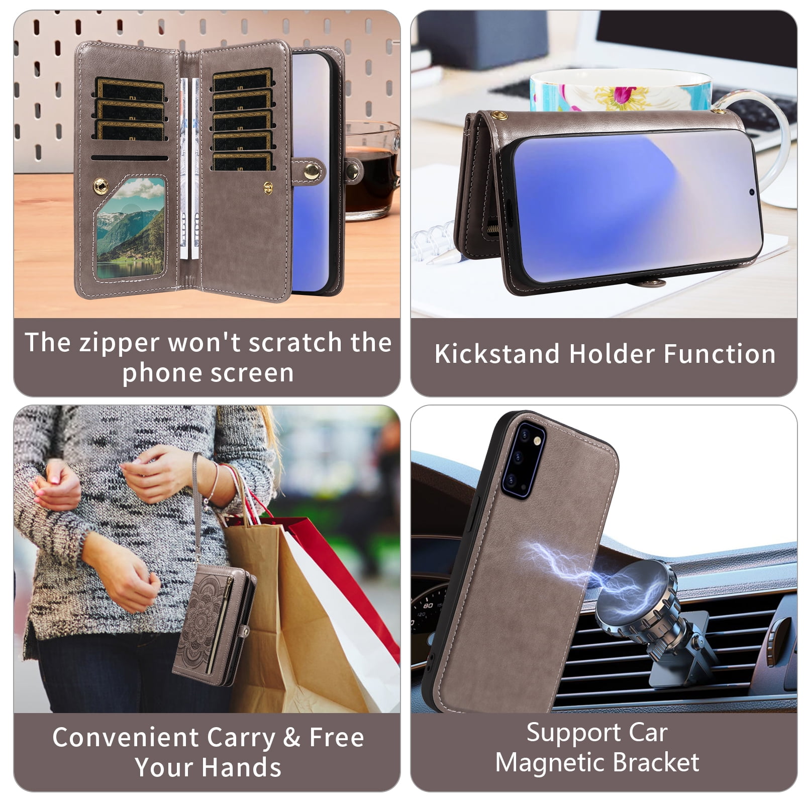 Asuwish Phone Case for Samsung Galaxy Note 20 5G Zipper Wallet Detachable Cell Cover with Tempered Glass Screen Protector Strap Flower Flip Card Holder Slot Note20 Notes 20s Twenty Not S20 Women Gray