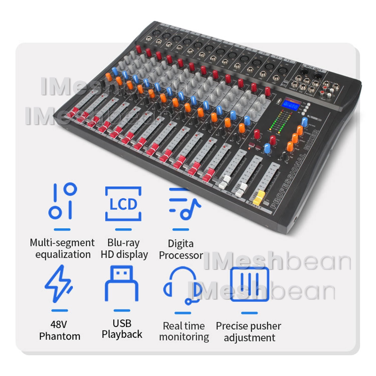 iMeshbean Professional 12-Channel Audio Mixer Sound Board USB Live Studio Mixer with USB Drive for PC Recording 48V Phantom Power Stereo DJ Studio Streaming 110-220V