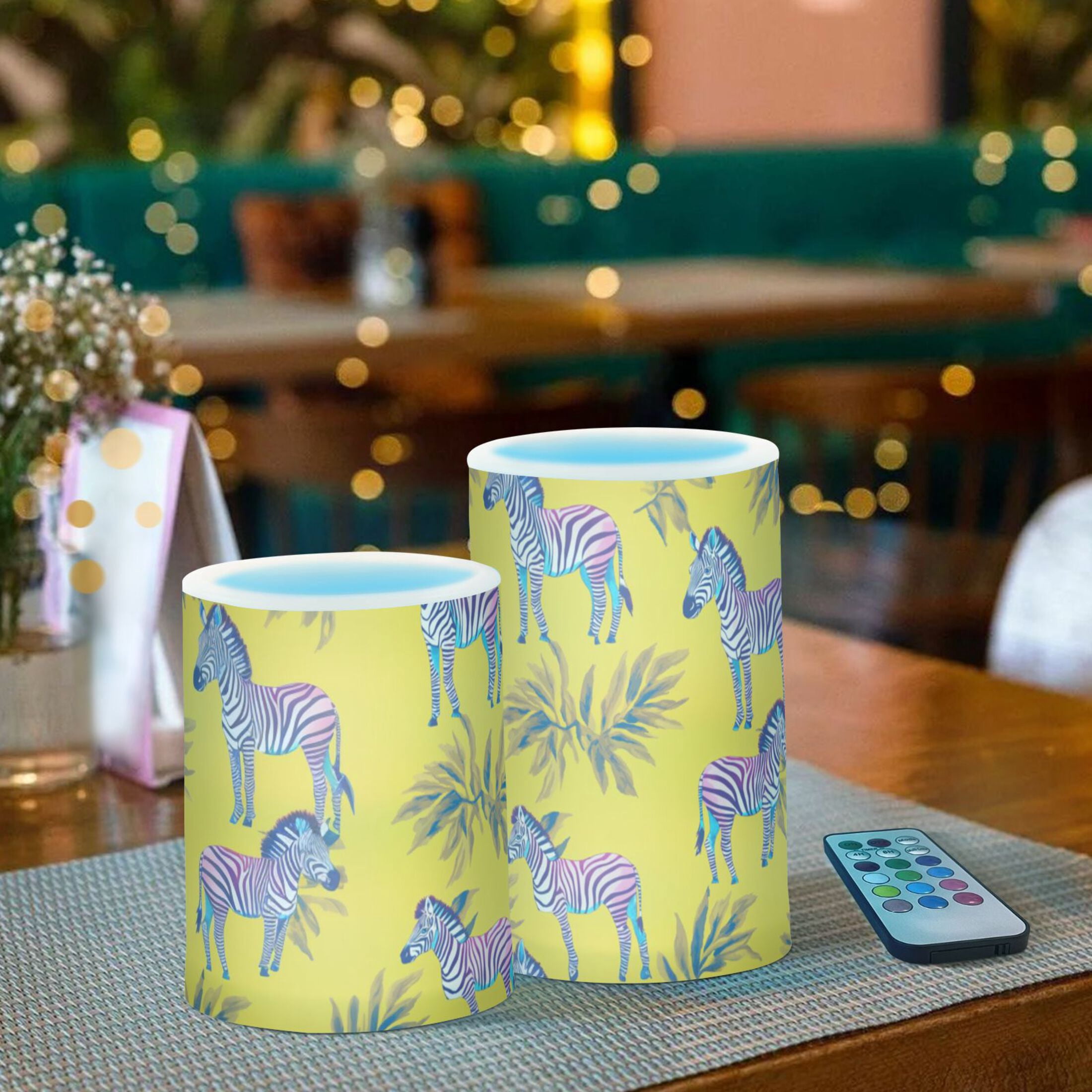 Zebra Print on Yellow Flickering Flameless Candles Battery Operated with Remote Timer LED Pillar Candles Set of 2