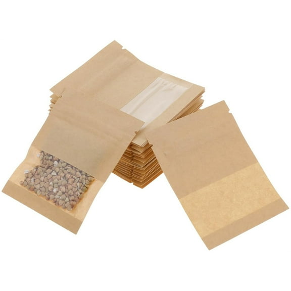 HYG Small Kraft Bags with Clear Window 100 Pcs Resealable Coin Envelopes Bags 3.5 x 5.5 inches Storage Pouches Sealing Packaging Paper Bag for Party Favor Food Sample Bag