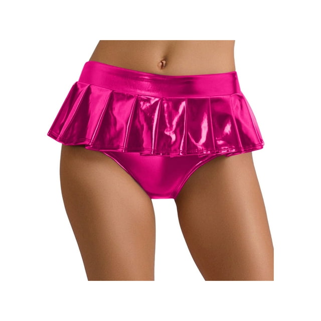 Miaeowve Womens Shiny Metallic Mini Skirt Pleated Hem Disco Hot Pants For Rave Party Night Club Hot Pink S
