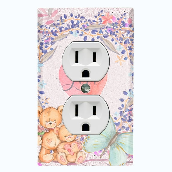 Metal Light Switch Wall Plate Outlet Cover (2 Teddy Bears With Love Heart Flower Balloon Flower Wreath Pink - Single Duplex)