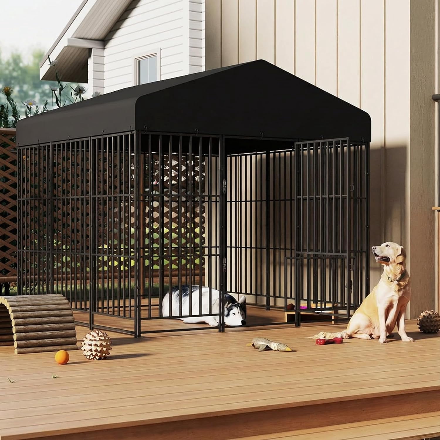 Large Dog Kennel Outdoor with Double Safety Locks 73''x72''x71'' Heavy Duty Welded Wire Steel Pet Pen Dog Enclosure with UV-Resistant Waterproof Roof