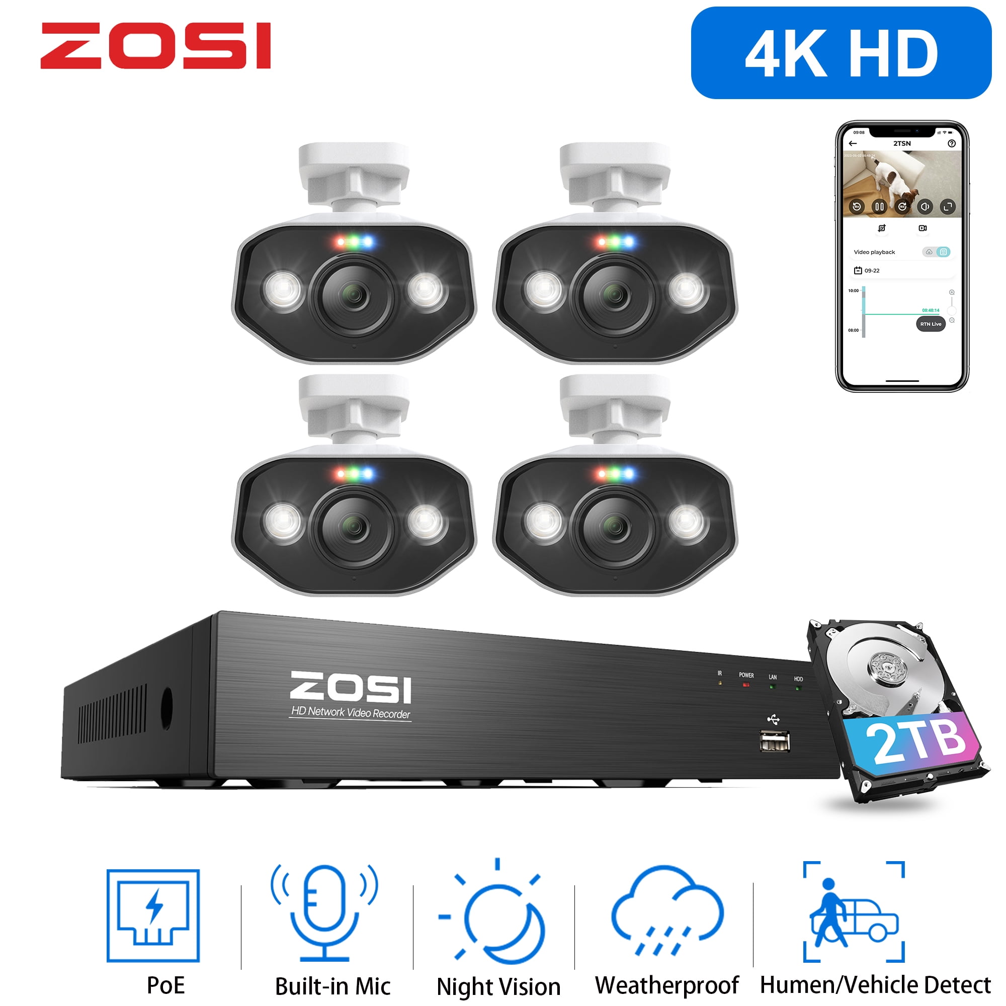 4K Spotlight Security Camera System, ZOSI Security POE System, 8MP AI Person Vehicle Detection Outdoor Camera, 2 Way Audio, Color Night Vision, 8CH 4K NVR with 2TB Hard Drive