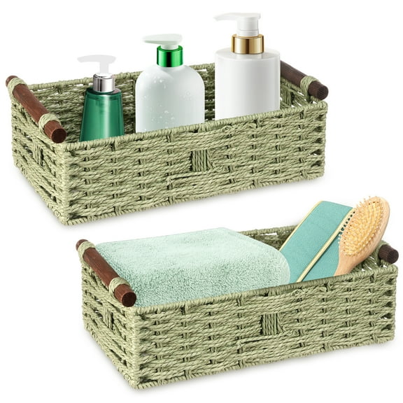 Grusce 2 Pack Rope Woven Storage Basket, Handwoven Wicker Baskets Organizer Bin for Bathroom Toilet Tank Countertop, Small Decorative Storage with Wooden Handle for Toilet Paper Cosmetics