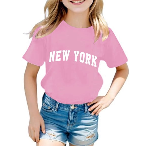 Stylish Crew Neck Short Sleeve Letter Print Tops for Girls and Kids Casual Everyday Wear T-Shirts Kids Short Sleeve Crewneck Solid Basic Tees Casual Tops