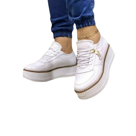 

Ritualay Ladies Flats Platform Casual Shoe Lace Up Sneakers Fashion Thick Sole Walking Shoes Running Sports Comfort White 8.5