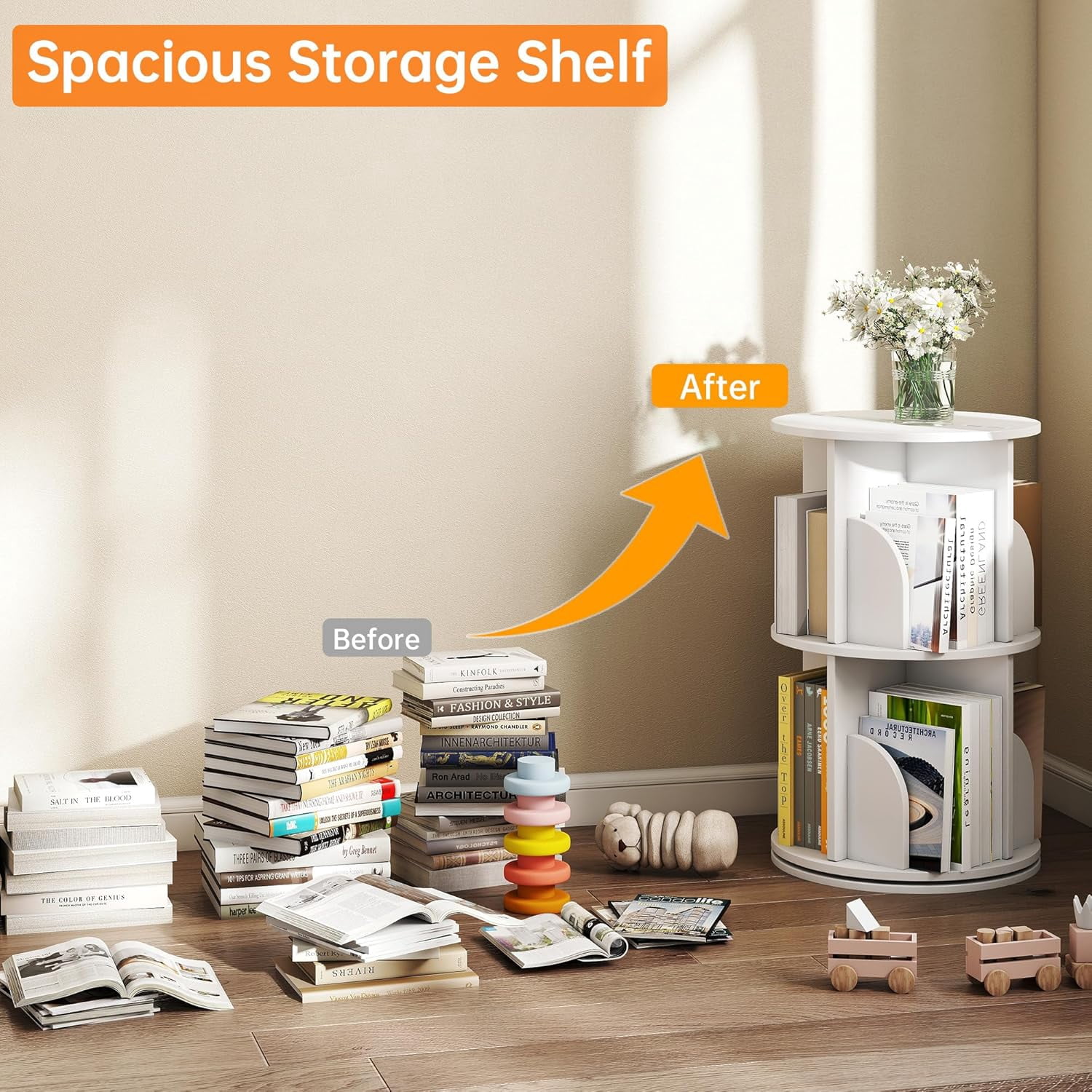 Rotating 2-Tier Bookshelf, 360° Spinning Corner Bookcase with Lazy Susan, White Space Saving Organizer for Study Room, Home Office, Kids Rooms, Bedroom, Adults & Kids