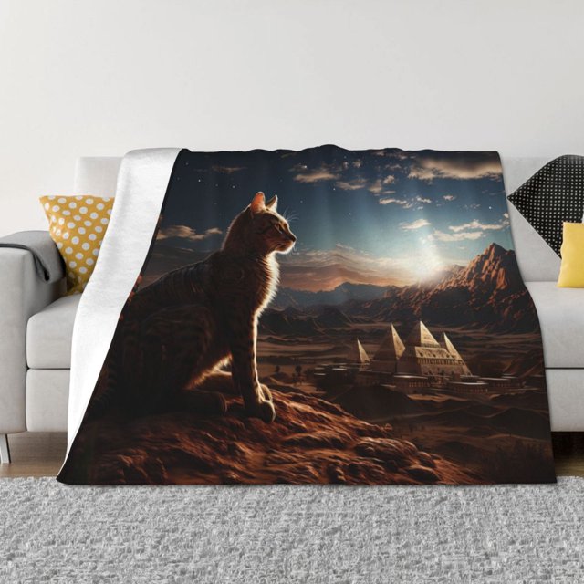 Cauagu Pyramid Desert Cat Pattern Fleece Throw Blanket, Horizontal Fleece Bedding Home Decor for Couch & Bed All Season Use-40"x30"