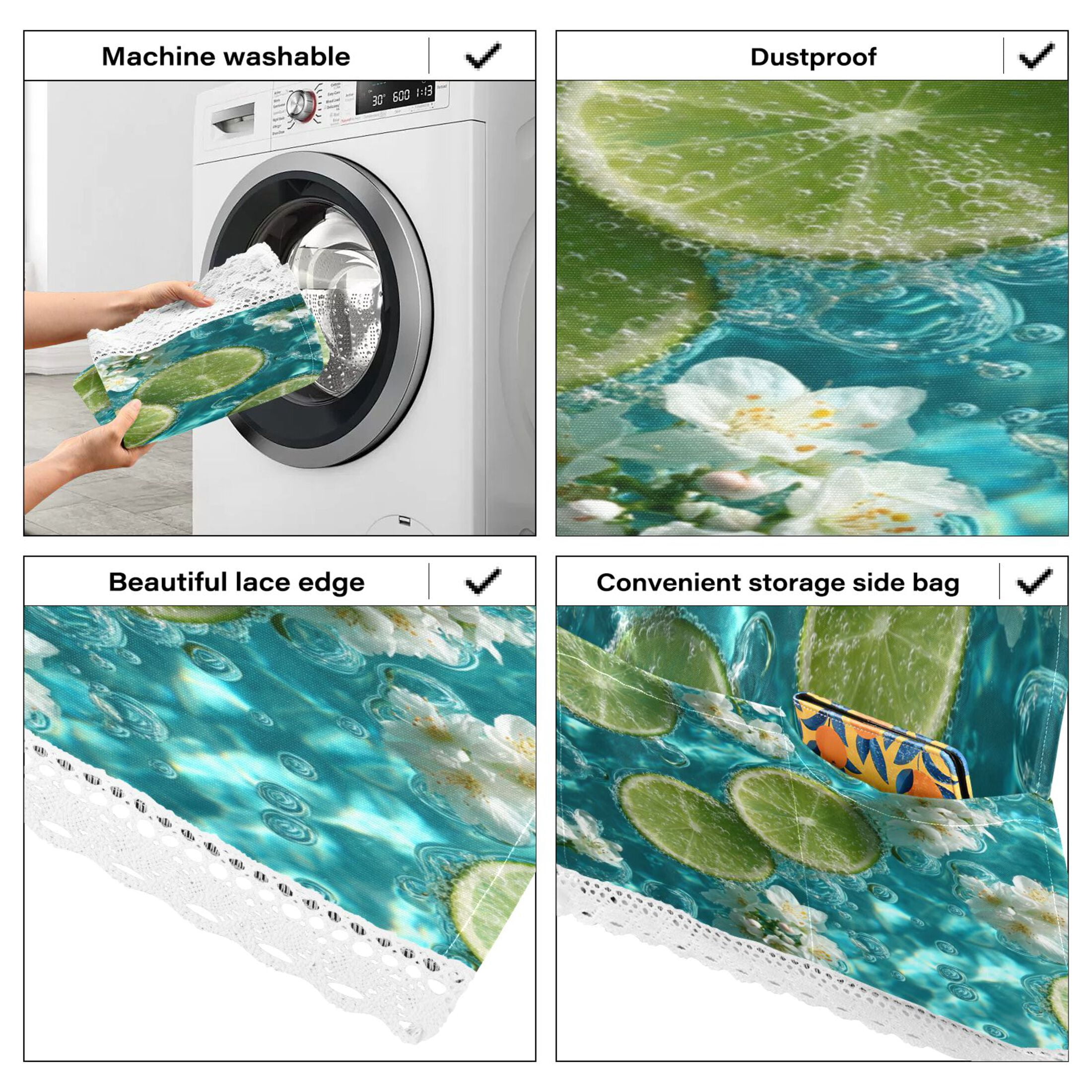 Washing Machine Cover 51.2x22in, Durable Polyester Dust Cover with Lace Trim and Side Pocket for Appliances Lemon White Flower