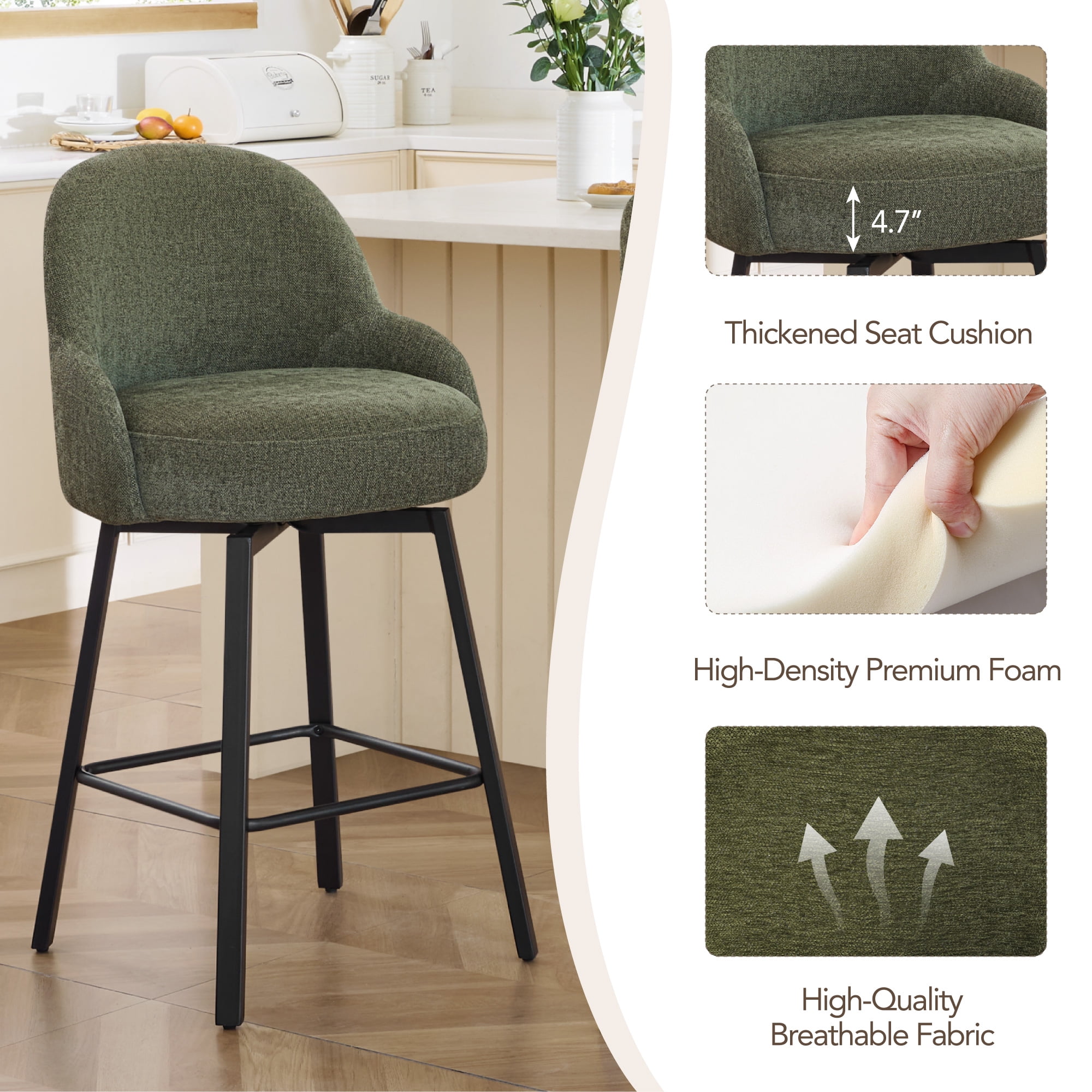 Spruce & Spring Counter Height Swivel Bar Stool with Upholstered Seat and Footrest Set of 2, Moss green
