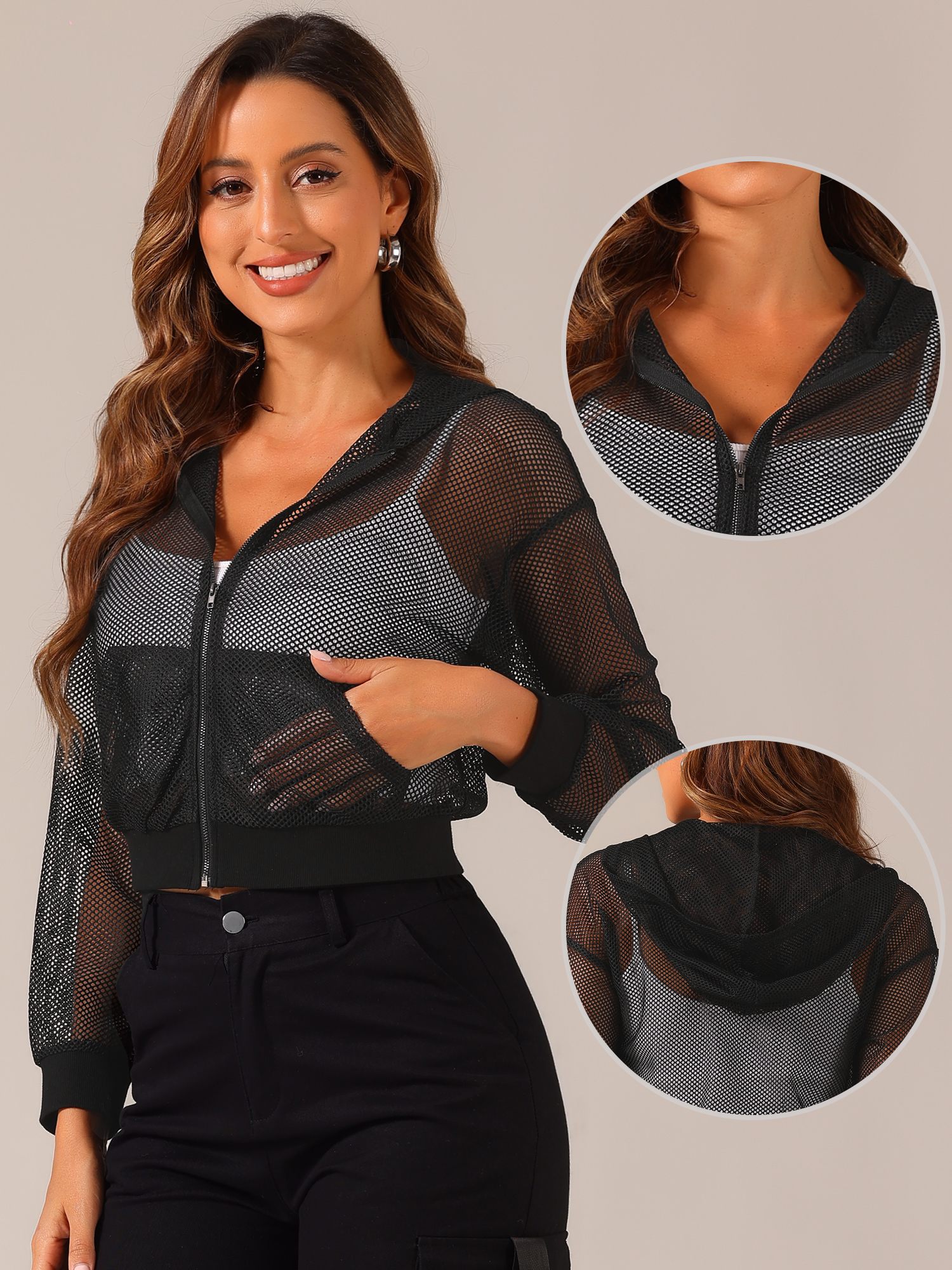 DARING DIVA Women's Stylish Zip Up Cropped Mesh Hoodie Jacket for Wear and Workouts XS Black