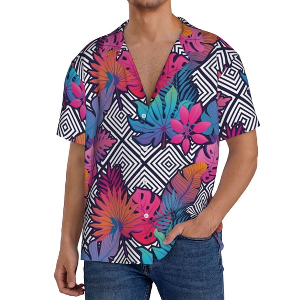 Fotbe Tropical Leaves Camisa Estampada de Manga Corta para Hombre, Casual de Verano, Estilo Playero, Sin Arrugas-Medium