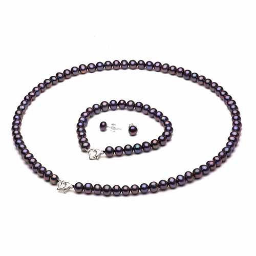 7-8mm Black Freshwater Pearl Heart-Shape Sterling Silver Necklace (18"), Bracelet (7") Set with Bonus Pearl... by Jacqueline's Collection