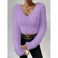 thumbnail image 2 of Female'S Fuzzy Long Sleeve V Neck Crop Sweater Casual Plain Slim Fit Warm Knitwear Sweater Pullovers  XL, 2 of 6